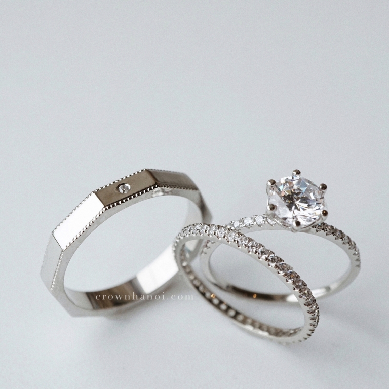 STONE DECAGON MILGRAIN RING & PAVE ETERNITY RING & 6 PRONG SOLITAIRE PAVE RING - 6MM