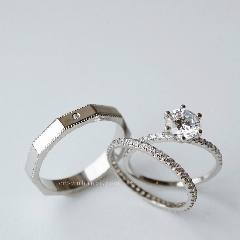 STONE DECAGON MILGRAIN RING & PAVE ETERNITY RING & 6 PRONG SOLITAIRE PAVE RING – 6MM (PLATINUM)
