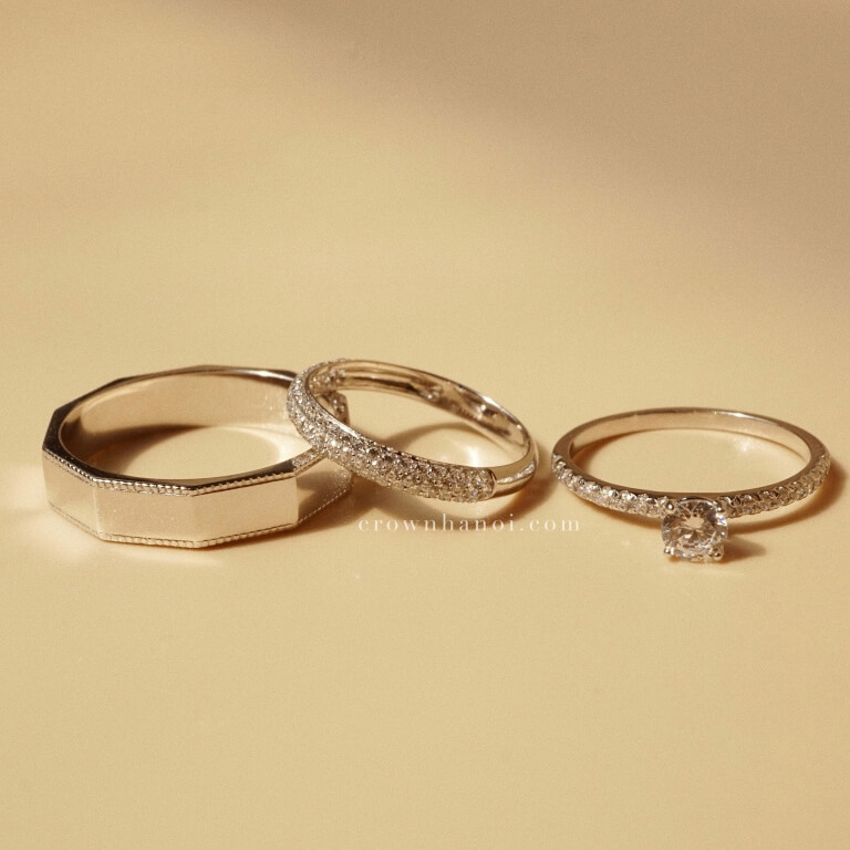 DECAGON MILGRAIN RING – 4.5MM & 4 PRONG SOLITAIRE PAVE RING – 4MM & SPARKLE PAVE RING (PLATINUM)